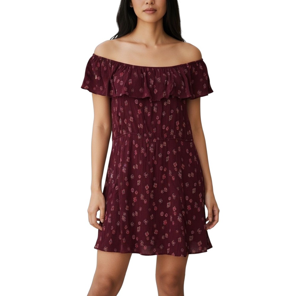 LOFT Outlet Burgundy Floral Print Off Shoulder Ruffle‎ Mini Dress Large